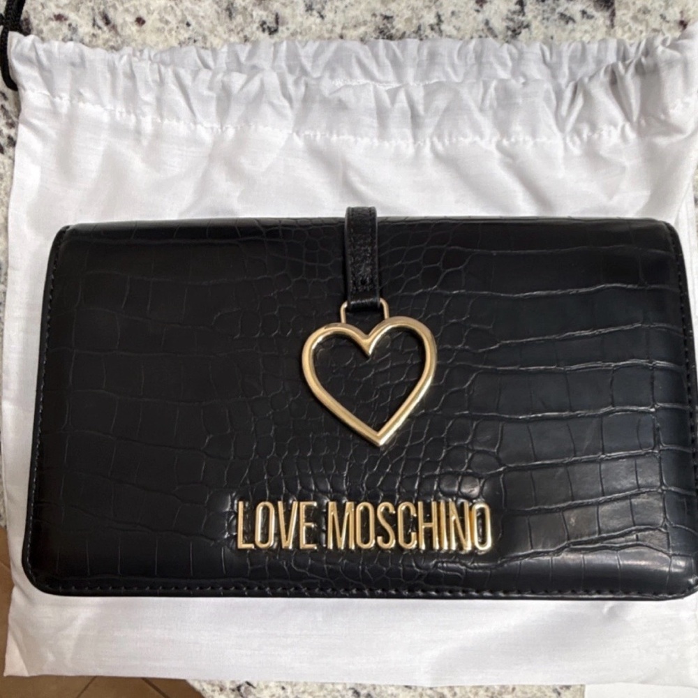 Love Moschino Black Croc-Effect Clutch with Gold Heart